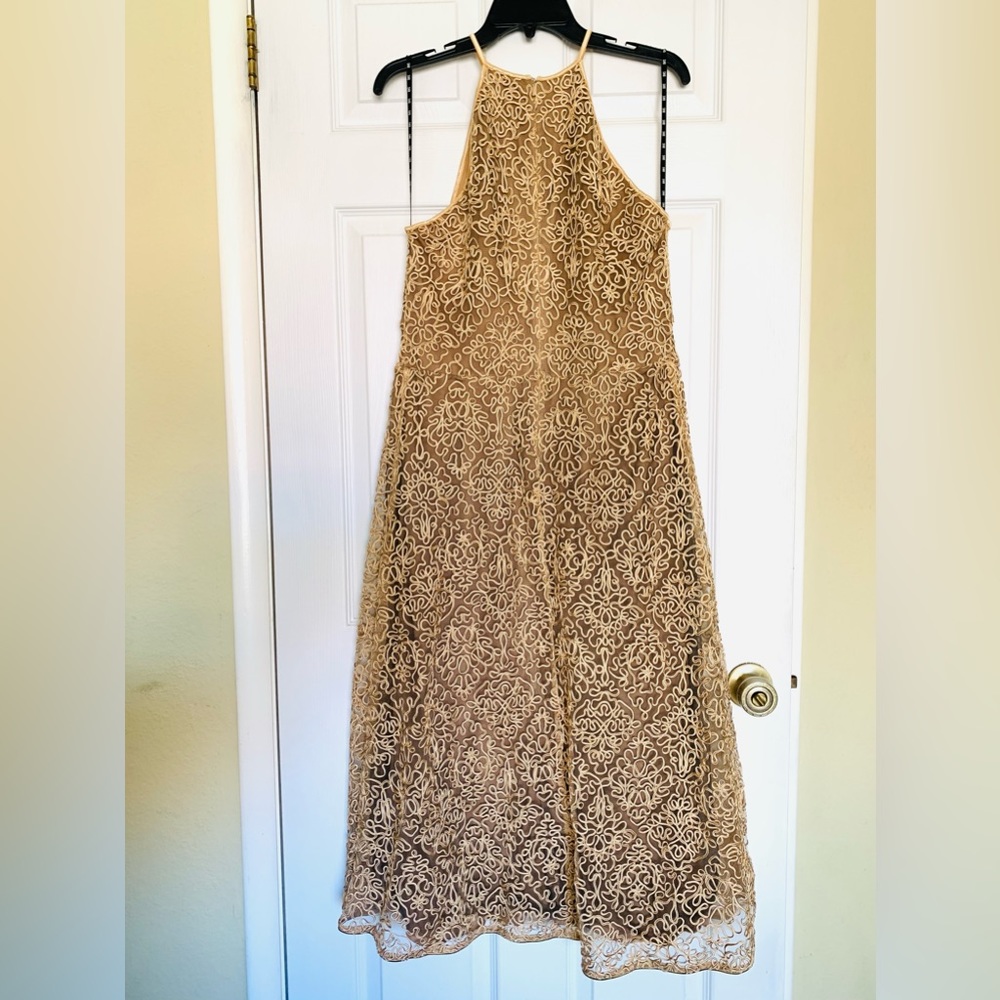 Gold Halter Party Dress Tan Lace XL Tadashi
Wedding Sheer Stretch. Lined.NWT